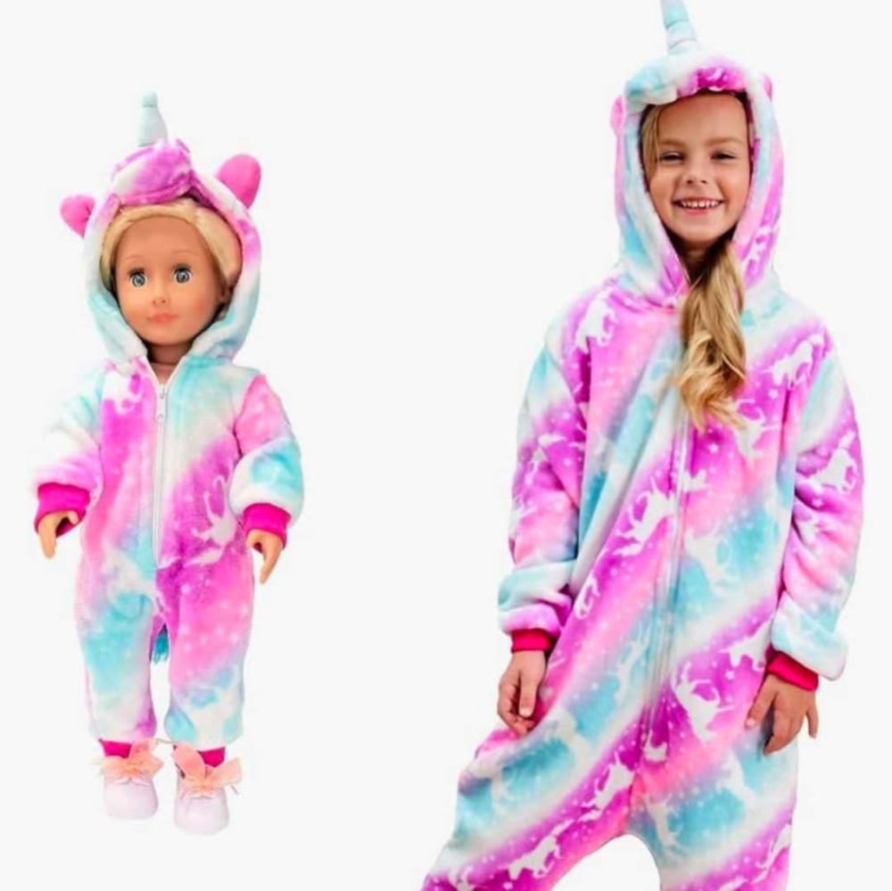 NWOT Unicorn Kids One Piece Pajama With Matching Doll Pyjama Set